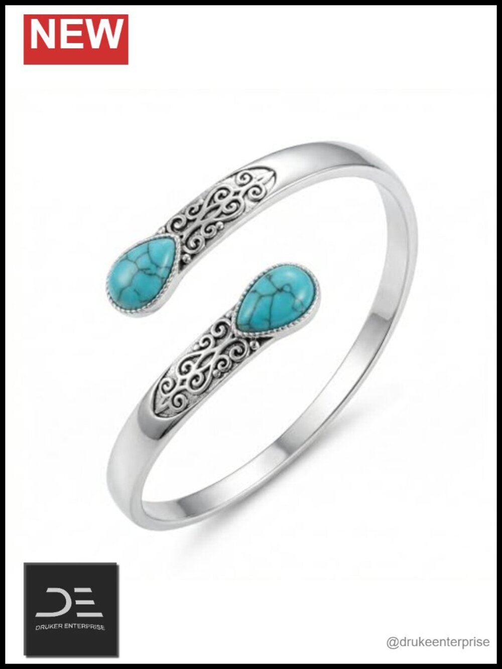 18k White Gold Plated Filigree Turquoise Bangle Bracelet